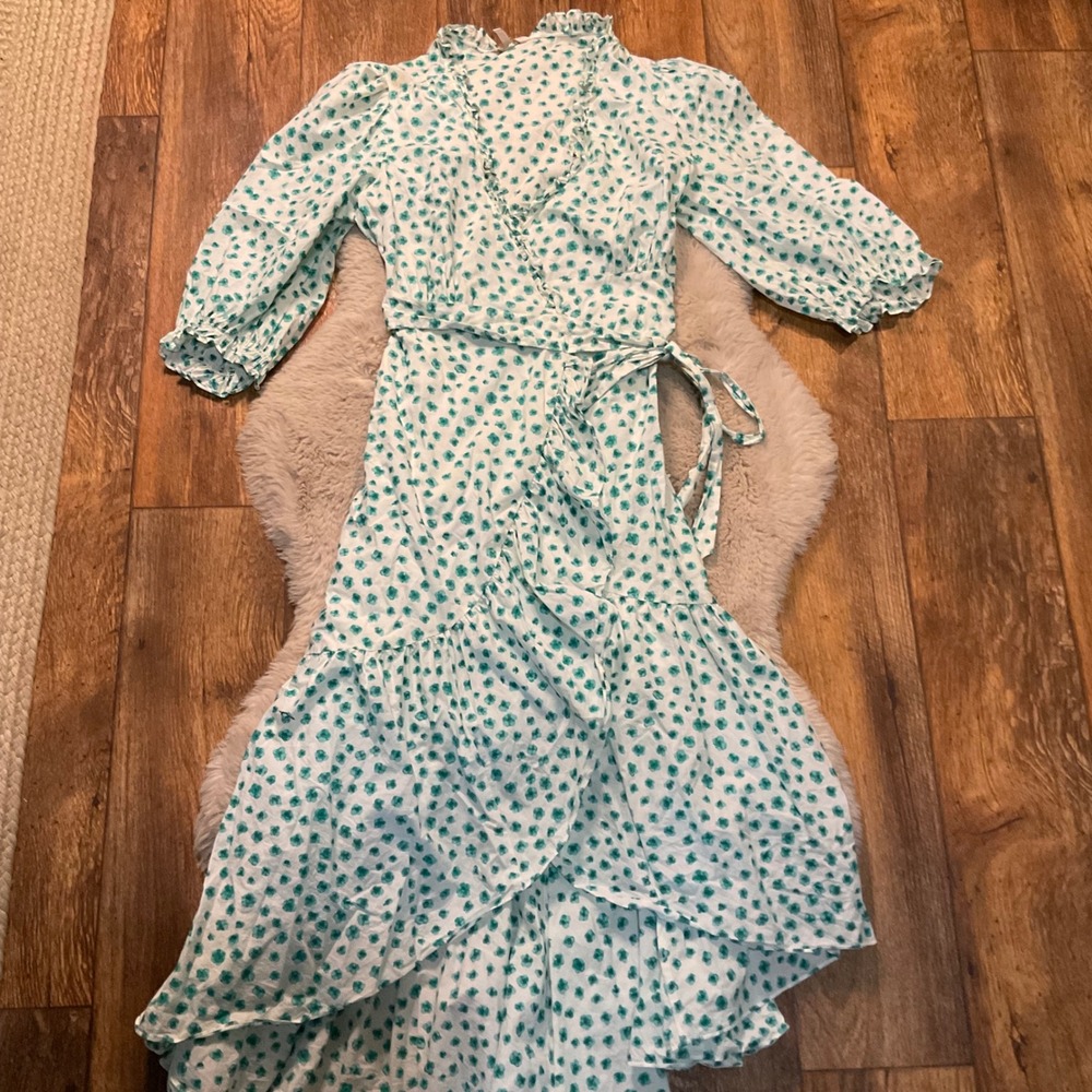 Rebecca Taylor Size 8 Emerald Daisy Dress Wrap Ruffle 3/4 Puff Sleeve Floral